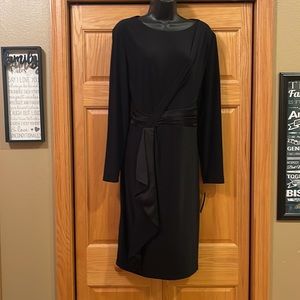 NWT Lauren Satin Trim Long-sleeve Dress In Black Sz 16